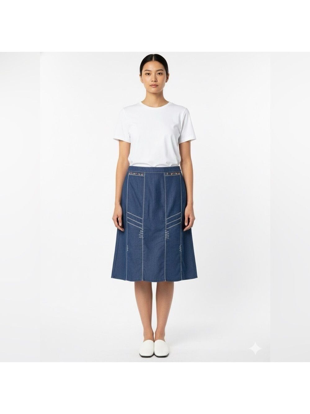 LANA SPORT Cotton Blend Chambray A-Line Skirt Beaded and Embroidered Back Zip 18